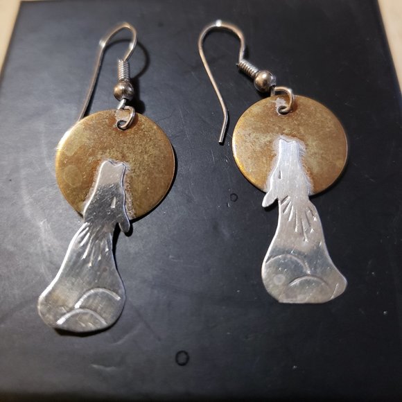 Metal Howling Coyote and Moon Earrings, Two-tone Metal, Southwest, - Picture 3 of 4